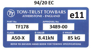 Towbar Type Approval Label - 94/20 EC